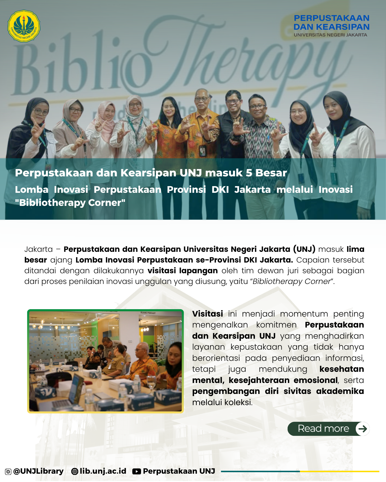 Perpustakaan dan Kearsipan UNJ masuk 5 Besar Lomba Inovasi Perpustakaan Provinsi DKI Jakarta melalui Inovasi "Bibliotherapy Corner"